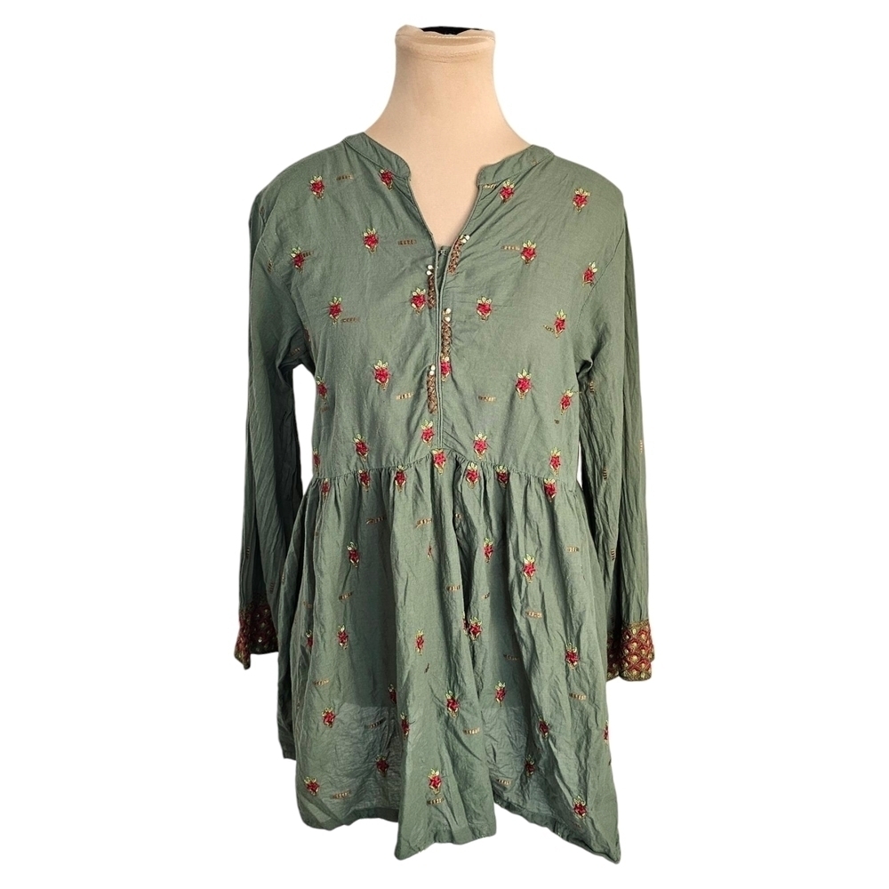 Beechtree Green Peplum Tunic with Mandarin Collar W/ Embroidering Sz 10